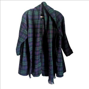 VINTAGE 60s Style Tartan Green & Blue Wool Zip Up Academia Flared Coat Size 16